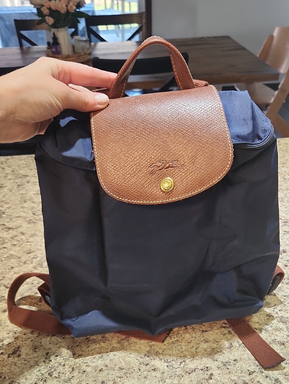 Longchamp Navy Backpack with Brown Leather Trim